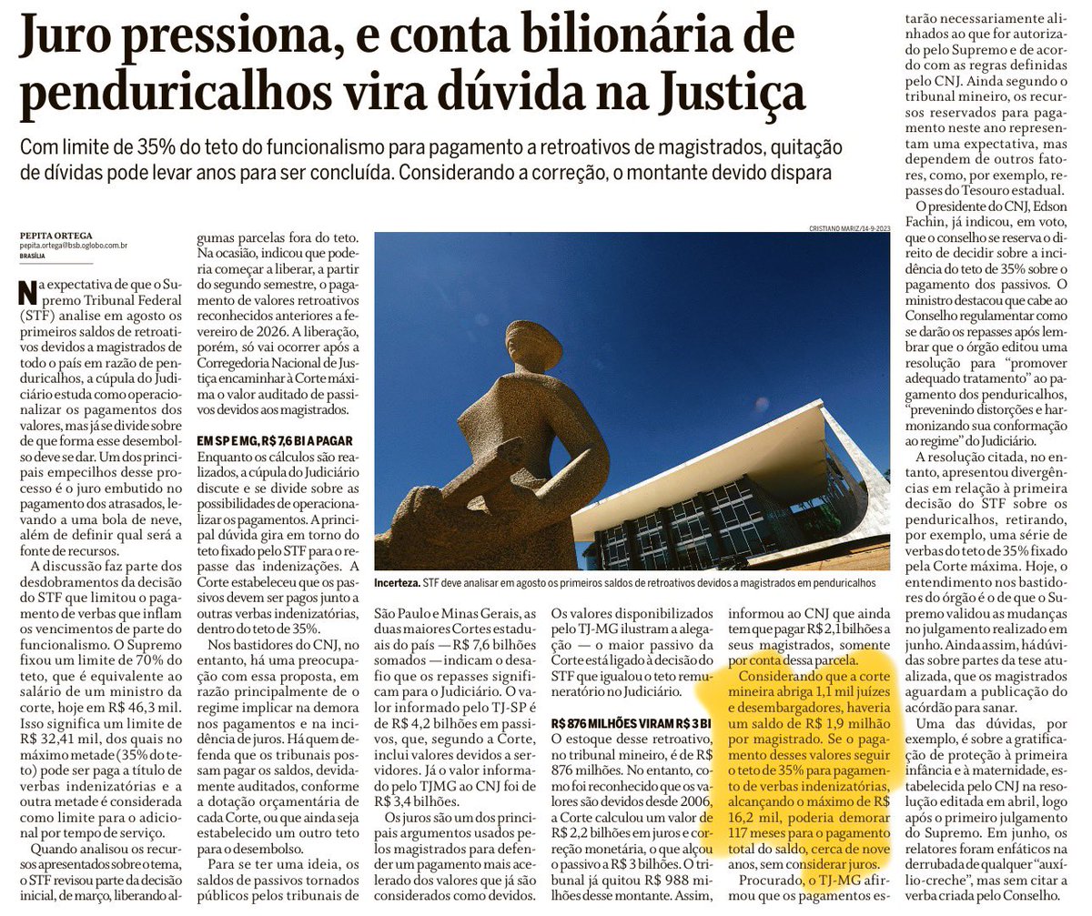 EconomicsArtBRL's tweet photo. Dívida do país com juízes é de cerca de R$ 2 milhões por juíz. Assumindo mais de 15 anos na média de tempo de serviço dos juízes, temos uma dívida de mais de R$ 12 mil por mês de penduricalhos nesses 15 anos de trabalho, fora todos os penduricalhos já pagos nesse período. Incrível que as contas sejam calculadas pelos próprios juízes. Não surpreende que seja tanto dinheiro assim. Falta ainda computar os diversos MPs, DPs, TCEs, PGR, AGU e por aí. No fim, os pobres pagam a maior parcela para os milionários membros da elite dos servidores públicos. Isso só acontece em país pobre
