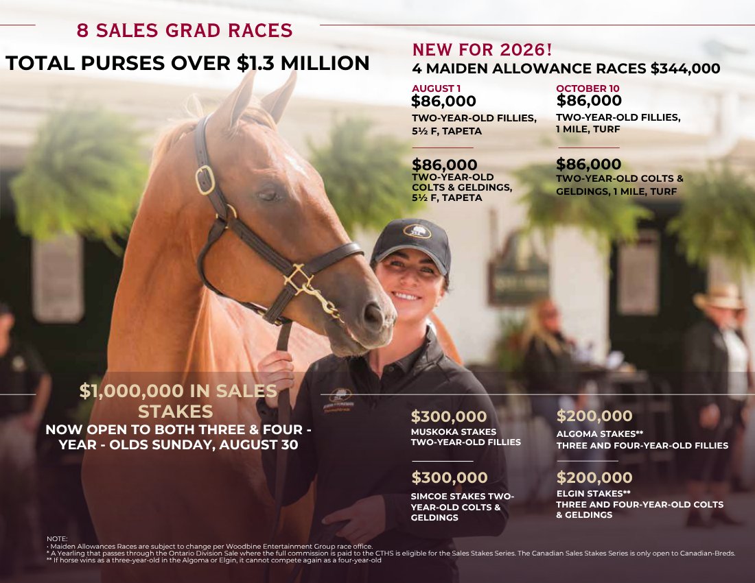 CTHSOntario's tweet photo. NEW in 2026: Our Sales Grad Races just got even stronger. Purse increases for all eight races bring the total to more than $1.3 million!
Get started at the 2026 Canadian Premier Yearling Sale!
WEDNESDAY, SEPTEMBER 2, 2026 📍 Woodbine Sales Pavilion, Toronto https://t.co/uncKFjMi1S