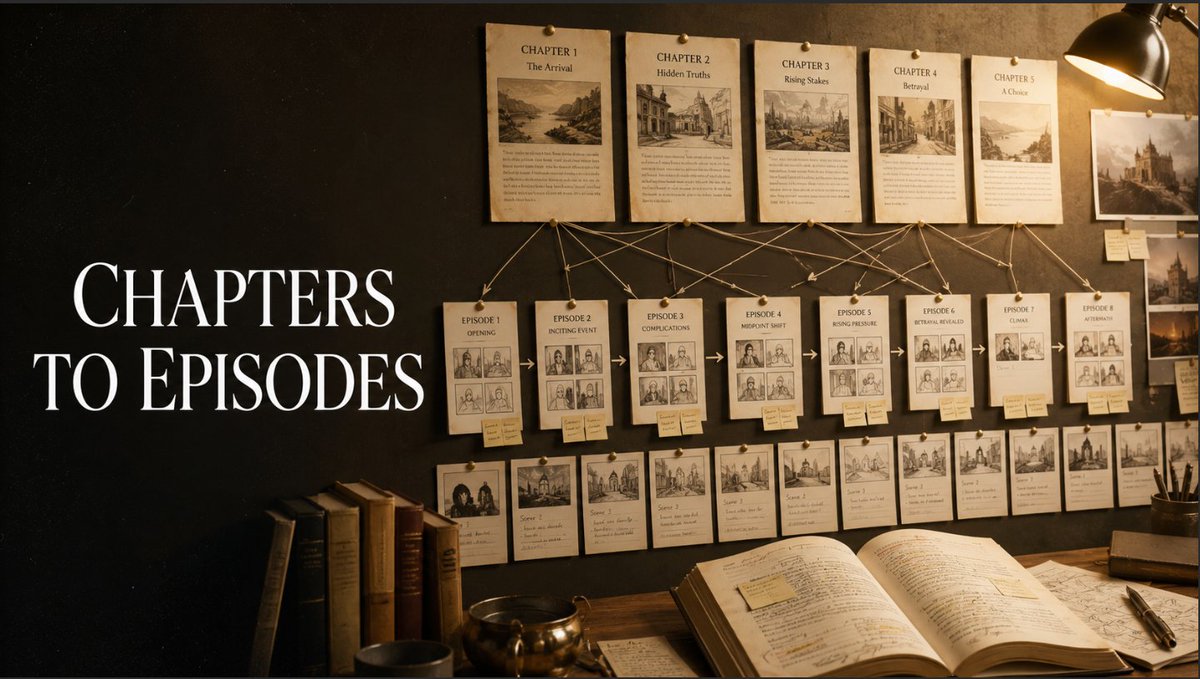DramaPilotLab's tweet photo. How do we transform a novel chapter into a drama episode?

Step 1:
Extract characters.

Step 2:
Build relationships.

Step 3:
Create scenes.

Step 4:
Generate storyboard.

Step 5:
Produce episode.
https://t.co/alQCnNKiVh https://t.co/wJ2j9VYVxj