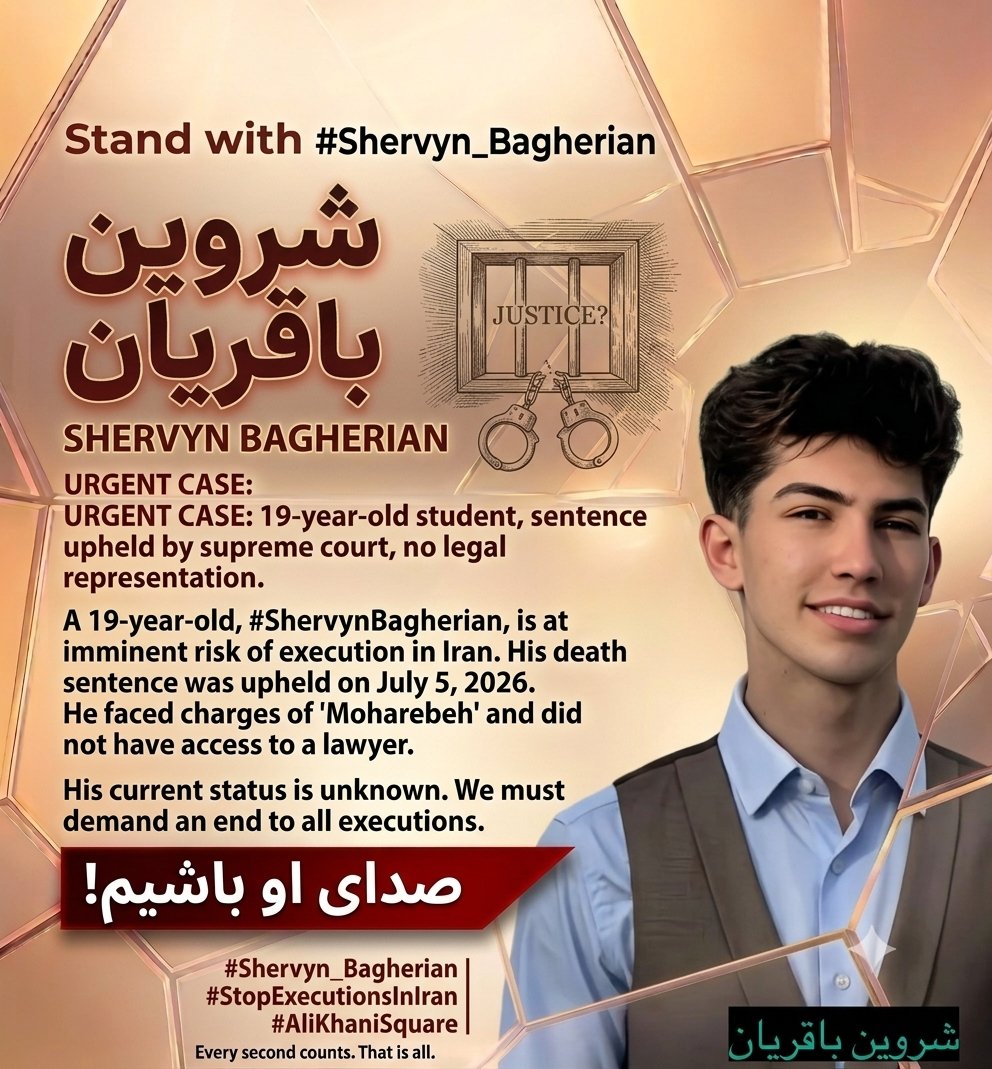 VianaAriayi's tweet photo. 🚨 URGENT: 18-year-old Shervin Bagherian is facing imminent execution in Iran.
His family was just called for their final visit.
@UN @UNHumanRights @amnesty @hrw 

 Act now to save his life! 
#ShervinBagherian #StopExecutionsInIran https://t.co/PndRk24rUk