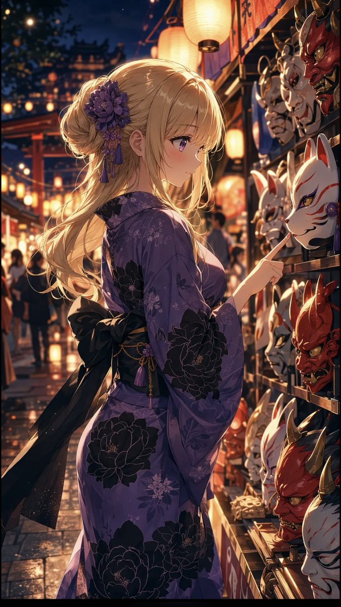 Anime Girl at Summer Festival Mask Stall