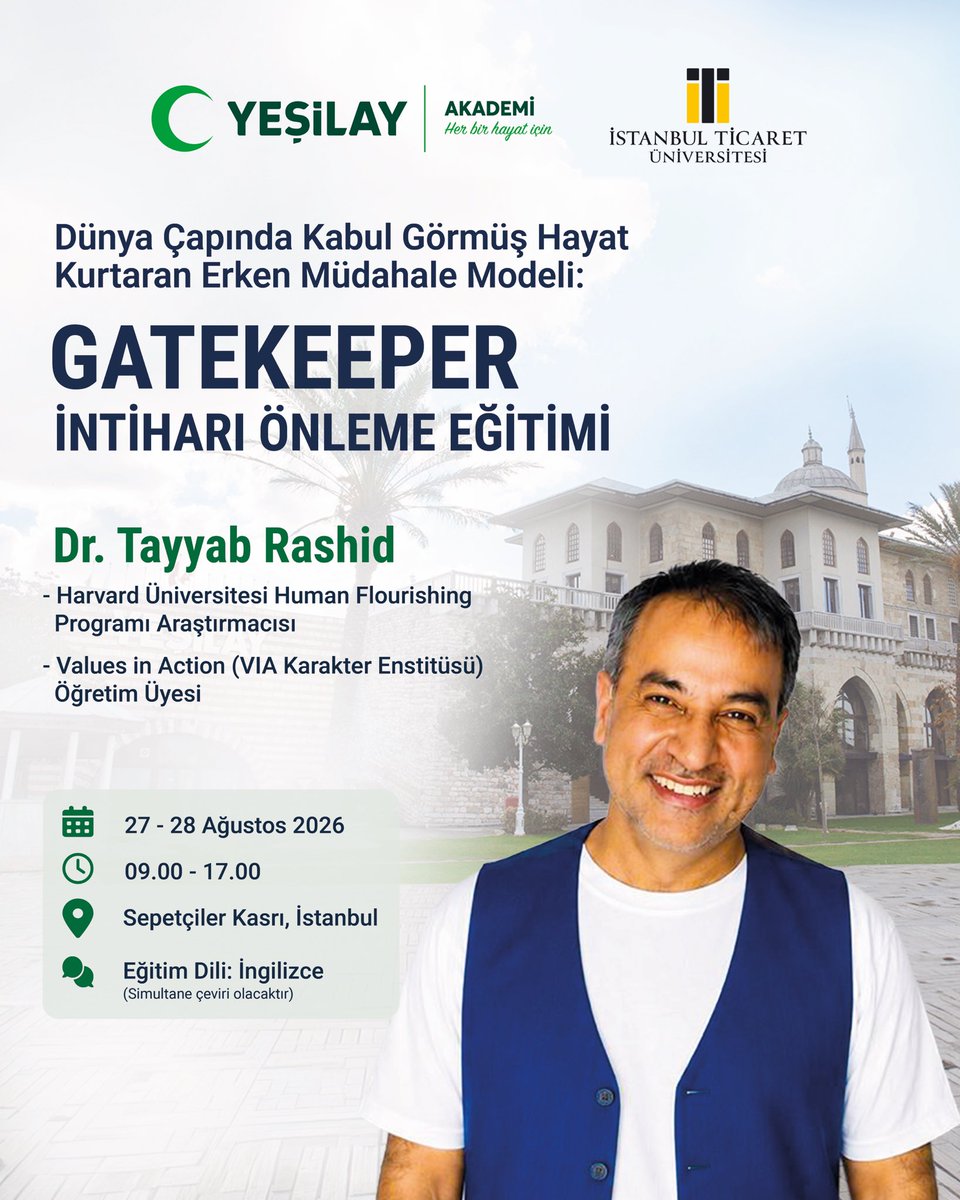 YesilayKurumsal's tweet photo. İntiharı önlemede bilgi, farkındalık ve doğru müdahale hayat kurtarabilir.

Yeşilay Akademi olarak, bu alanda bilgi vebecerilerini geliştirmek isteyen uzmanları, intiharın önlenmesi ve pozitif psikoloji alanındaki çalışmalarıyla uluslararası düzeyde tanınan klinik psikolog Dr. Tayyab Rashid'in gerçekleştireceği Gatekeeper İntiharı Önleme Eğitimi’nde buluşturuyoruz.

İki gün sürecek programda katılımcılar, risk işaretlerini tanıma, kriz anında iletişim kurma ve doğru yönlendirme yapma becerisi kazanacak. Damgalamayla mücadele ve öz bakım konuları ele alınacak.

🗓️27-28 Ağustos 2026
📍 İstanbul 🗣️ İngilizce (Simultane Türkçe Çeviri)
⚠️ Kontenjan sınırlıdır.
🔗 Detaylı bilgi ve kayıt için: https://t.co/Hx81cFpA1R

#Yeşilay #YeşilayAkademi