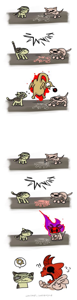 slime_here's tweet photo. The hairless stray kitten has super cool  crazy flame demon to summon , but they drew the wrong symbol.
character of @Monster_MKD https://t.co/2cB4qKgK4y