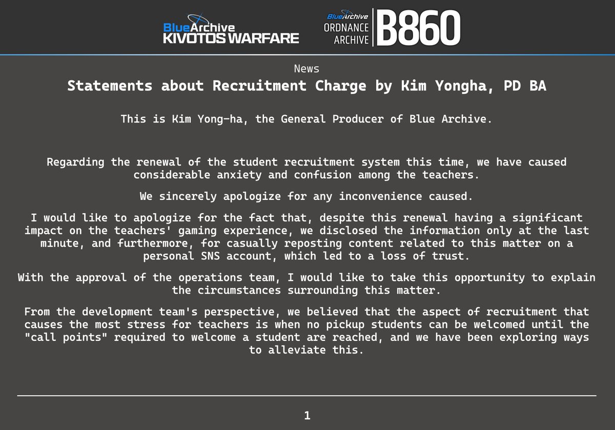 BArchiveWarfare's tweet photo. Kim Yongha, Producer of Blue Archive, makes a statement about the new recruitment system.

(Translated by AI; may have mistakes or misinformation)

#BlueArchive #ブルアカ #블루아카이브 https://t.co/ojNWv0RaiU