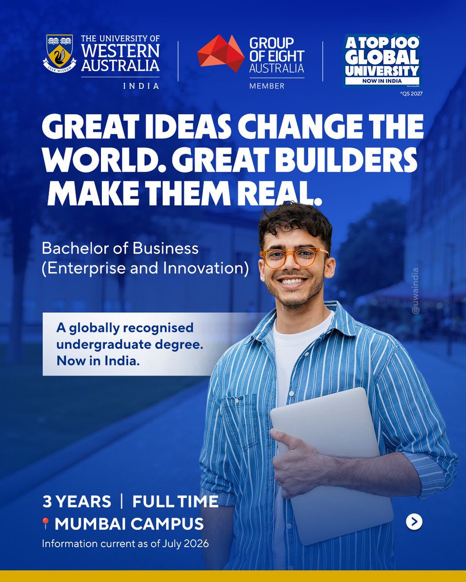 uwaindia's tweet photo. Study Bachelor of Business-Enterprise &amp; Innovation at UWA India.

This 3-year full-time UG programme will equip you with future-ready skills in Entrepreneurship, Strategy, Marketing &amp; Social Innovation.

Apply Now: https://t.co/KUeIQoY2kl

#UWAIndia https://t.co/64FZuRvPNg