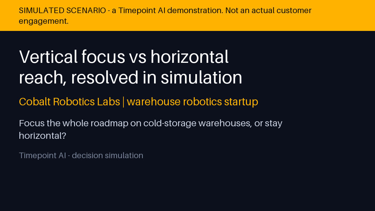 TimepointAI's tweet photo. Simulated scenario: Cobalt Robotics Labs — Focus the whole roadmap on cold-storage warehouses, or stay horizontal?
The executive team of a warehouse-robotics startup holds a critical…
A Timepoint AI demonstration, not a real customer. https://t.co/EyT6M69NRL