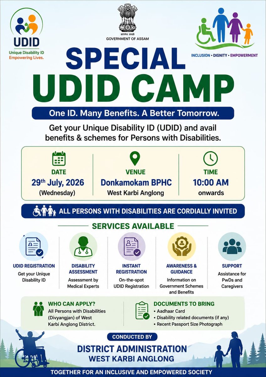 dcwestk_anglong's tweet photo. Special UDID Camp | 29 July 2026 | 10 AM Donkamokam BPHC

On-the-spot registration &amp; disability assessment. Carry Aadhaar, relevant documents &amp; a passport-size photo. One ID. Many Benefits. #UDID
@CMOfficeAssam
#WestKarbiAnglong https://t.co/fb3ZHlWT9s