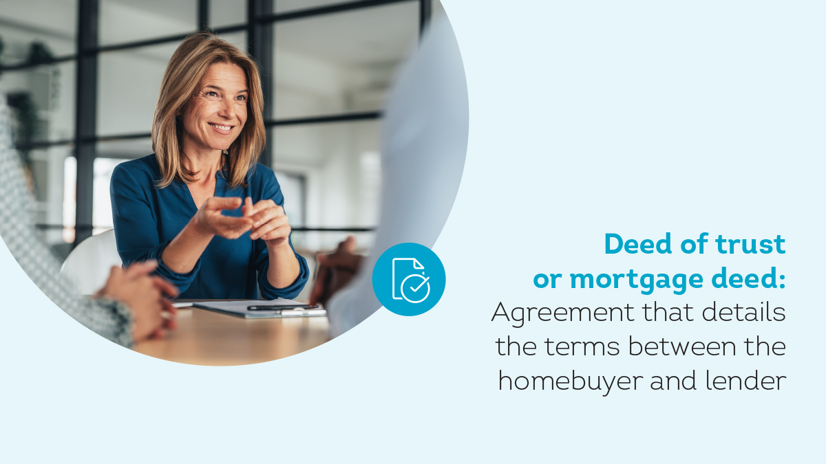 Smiling woman in a blue shirt gestures while talking across a table in an office. Text: Deed of trust or mortgage deed: Agreement that details the terms between the homebuyer and lender. A document icon with a checkmark is present.