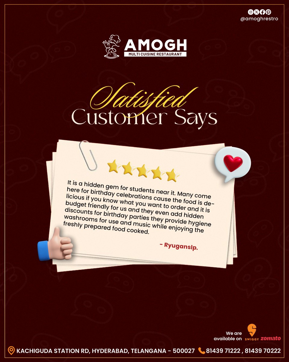 amoghrestro's tweet photo. 💛 Nothing makes us happier than seeing our customers leave with a smile!
Whether it's a family dinner, friends' gathering, birthday, any celebration, corporate or casual meeting, Amogh offers delicious food, banquet hall &amp; customised catering.
#AmoghRestaurant #HyderabadFood https://t.co/k4TbI2XXxX