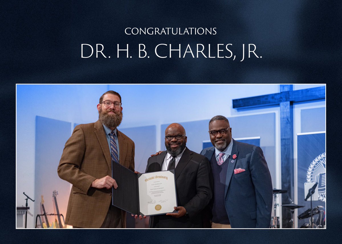 grimkeseminary's tweet photo. As we kick off day 2 of Churchman, we want to highlight a special moment last night where Dr. @hbcharlesjr was the recipient of an honorary Doctor of Divinity from Grimké Seminary. Dr. Charles is well deserving of this honor for his tireless work at Shiloh Metropolitan Baptist Church in Jacksonville, FL where he serves as their Pastor-Teacher, his founding of Cutting It Straight ministries and conference through which he has faithfully trained a new generation of preachers in Christ-Centered, Expositional Preaching, his example as a husband and father to his wife Crystal and their three children, and above all his love and fidelity to our Lord and Savior Jesus Christ. We are grateful to call Dr. Charles a brother and a friend and pray for many more years of fruitful labor in the Lord.