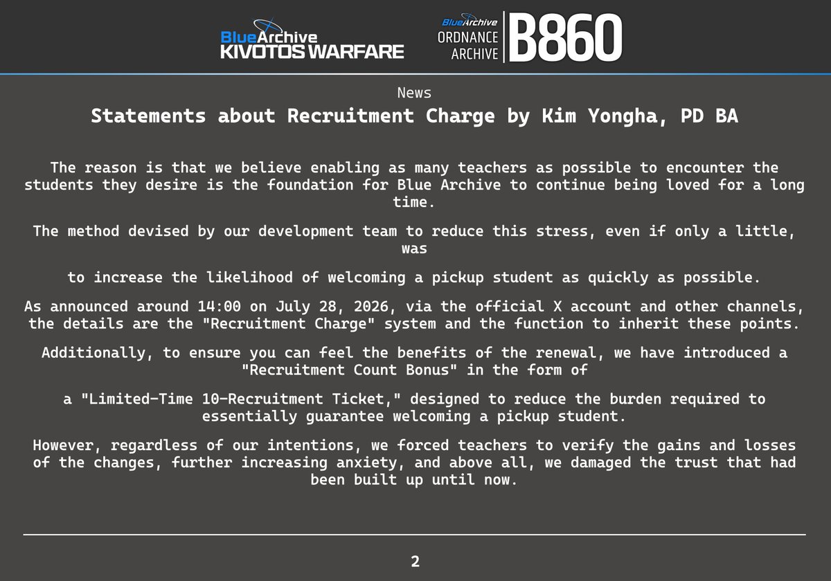 BArchiveWarfare's tweet photo. Kim Yongha, Producer of Blue Archive, makes a statement about the new recruitment system.

(Translated by AI; may have mistakes or misinformation)

#BlueArchive #ブルアカ #블루아카이브 https://t.co/ojNWv0RaiU