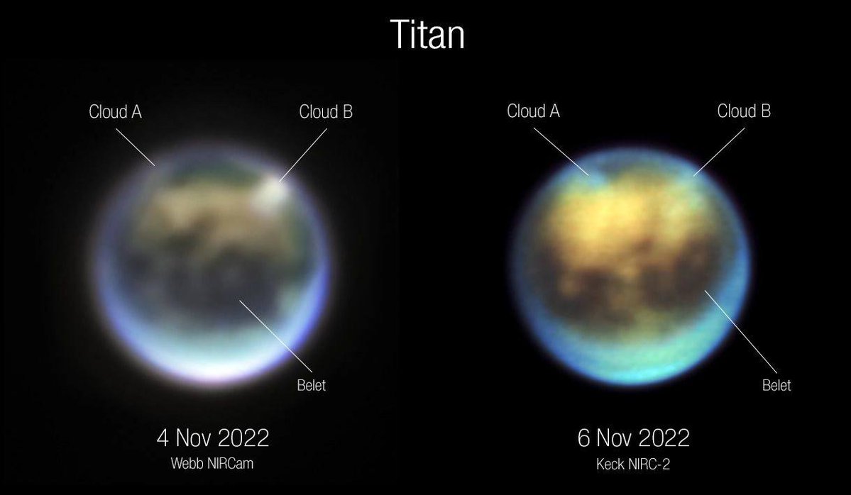 konstructivizm's tweet photo. 🛰 The James Webb Telescope has peered through Titan's dense haze

The observatory has transmitted the first images of the only moon in the Solar System with a substantial atmosphere and methane seas.

The images clearly reveal the sand dunes of the Belet region, the famous Kraken Mare, and clouds drifting in the sky—shifting shape even as they were being observed. This data will help scientists unravel the mysteries of this unique alien climate. 🌌