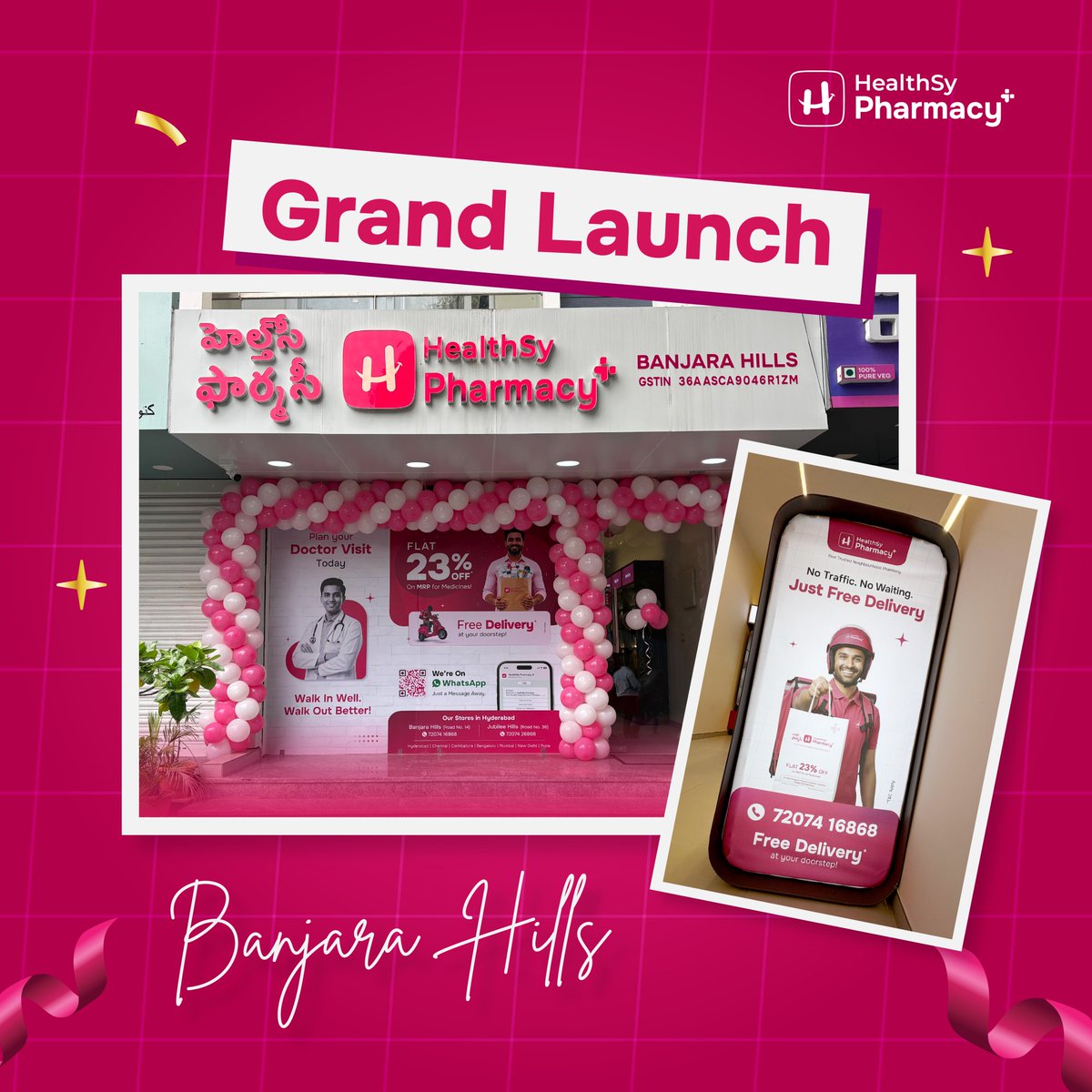 heltsypharmacy's tweet photo. 🎉 We're Now Open in Banjara Hills, Hyderabad! 

Visit HealthSy Pharmacy for genuine medicines and healthcare essentials.

Get FLAT 23% OFF on MRP for Medicines*. 

📍Visit us: https://t.co/AJ18M5kz03

#storelaunch #jubileehills #hyderabad #newstoreopening #healthsypharmacy https://t.co/xzL0VxEYWb