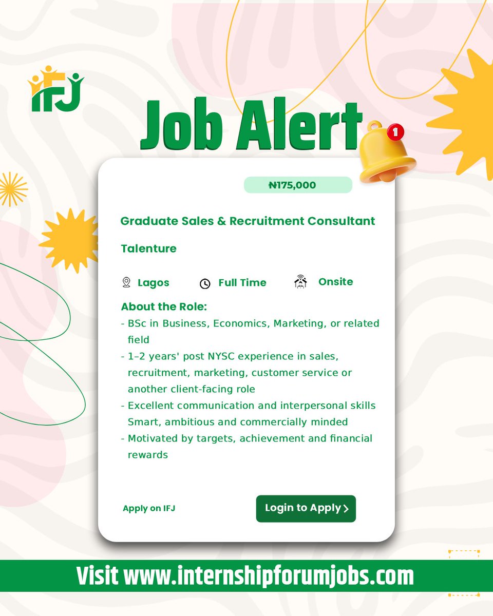 internship60831's tweet photo. Talenture is recruiting Graduate Sales &amp; Recruitment Consultant

Link to apply: https://t.co/l6CNXSZD2K

Channel: https://t.co/ZgyK9SDQnW

#JobAlert #GraduateJobs #NigeriaJobs #CareerOpportunity #InternshipForumJob https://t.co/zxYR7yRUDi