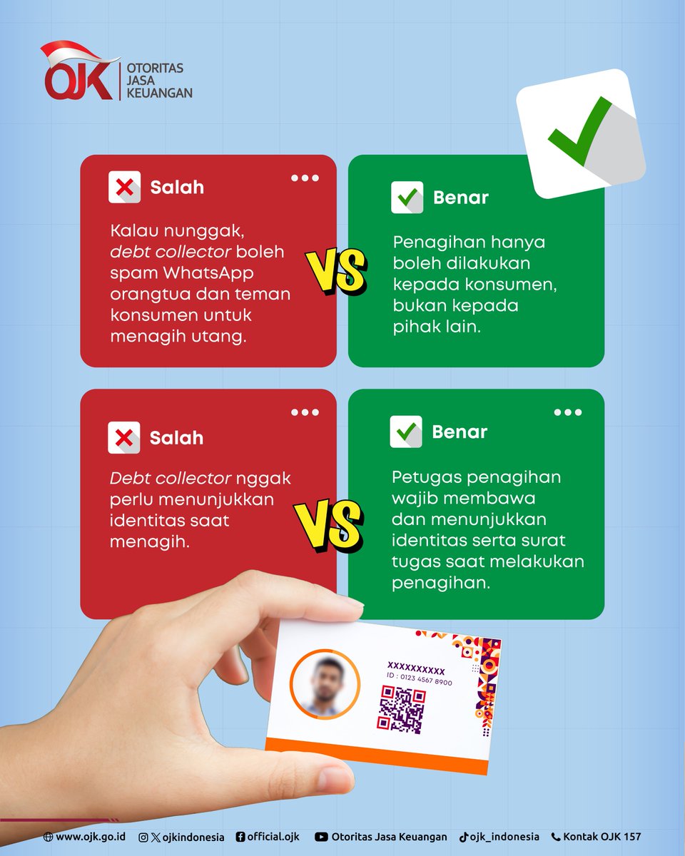 ojkindonesia's tweet photo. Ditelepon 30 Kali Sehari oleh Debt Collector, Emang Boleh?

Sobat OJK,

Jangan sampai salah paham!
Proses penagihan oleh debt collector harus dilakukan sesuai ketentuan dan mengedepankan pelindungan konsumen.

Yuk, cari tahu apa saja yang boleh dan tidak boleh dilakukan oleh debt collector. Pahami hakmu sebagai konsumen, dan tetap penuhi kewajiban sesuai perjanjian.