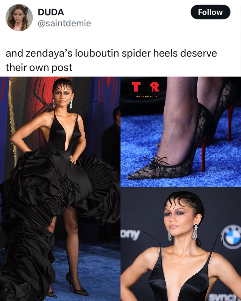 TheShadeRoom's tweet photo. DETAILSSSS! 👏🏾 Zendaya looked toooooo chic at the ‘Spider-Man: Brand New Day’ premiere in LA. 🕷️🔥 

(📸: @gettyimages) ✍🏾: #TSRStaffLG https://t.co/cj98yTN5xT