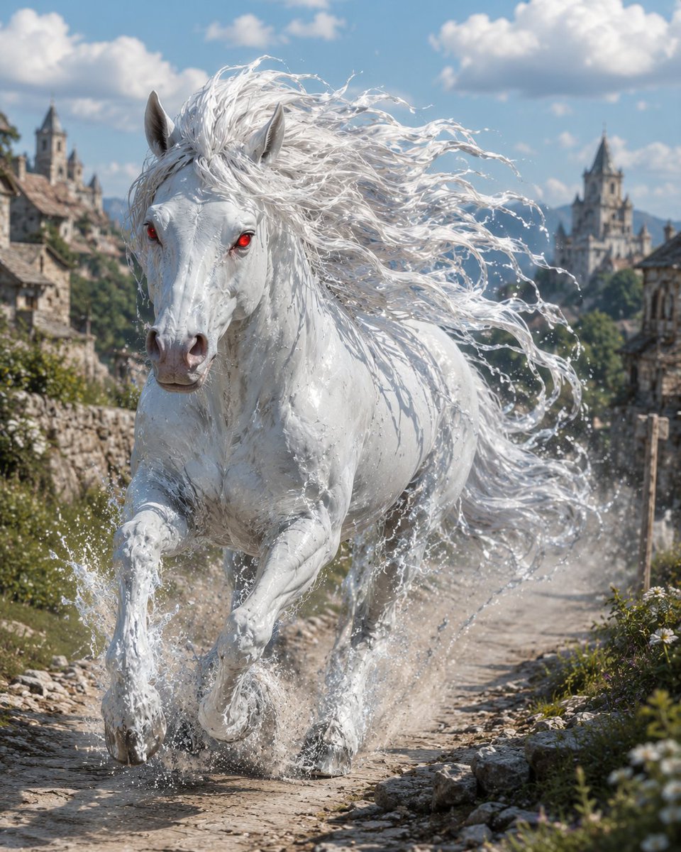 Albino Kelpie Galloping Through Village