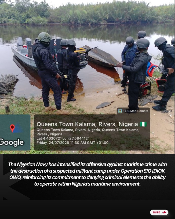 NigerianNavy's tweet photo. PRESS STATEMENT
NIGERIAN NAVY DESTROYS SUSPECTED MILITANT CAMP UNDER OPERATION SIO IDIOK OWO
#NigerianNavy
#OnwardTogether https://t.co/G8bs10P8e7