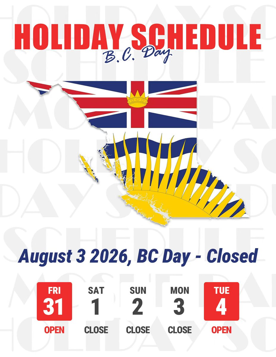 mppl_ca's tweet photo. 🍁 BC Day Holiday Notice 🍁

We’ll be taking a short break for BC Day!

📅 Holiday Hours
✅ Jul 31 – Open
🔒 Aug 1–3 – Closed
✅ Aug 4 – Back to regular business hours
📦 Please place your orders early to avoid any long weekend delays.
#BCDay #HolidayHours #Packaging https://t.co/dAoubrQsoE