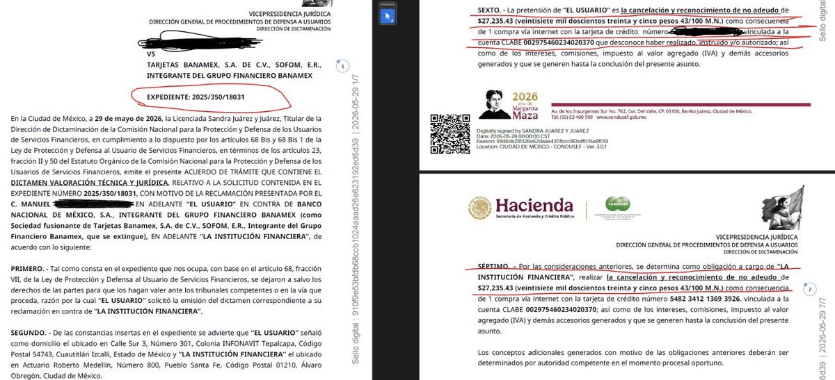 ELMANU_SAN's tweet photo. @BanamexContacto  ignora dictamen 2025/350/18031 @CondusefMX. Diego Allan Espínola Mtz, Ericka Ramírez y José Rivera minimizan el fraude de $27,235.43 diciendo que es "solo opinión". Retienen $4,516.90 de interés y bajan otra tarjeta de $105mil a $23,900. #FraudeBanamex https://t.co/Umn9ML2Tf9
