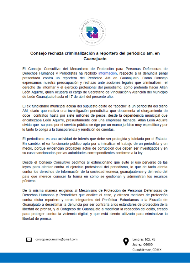 CMecanismo's tweet photo. 🆘 Consejo rechaza la criminalización a reportero del @periodicoam, en Guanajuato🆘
👉 Exigimos a @mecanismo_mx contactar al reportero
👉 Exhortamos a @fgeguanajuato a desestimar la denuncia
👉 Y a @congresogto a modificar el tipo penal || @c_proteccion https://t.co/APVXysBte5