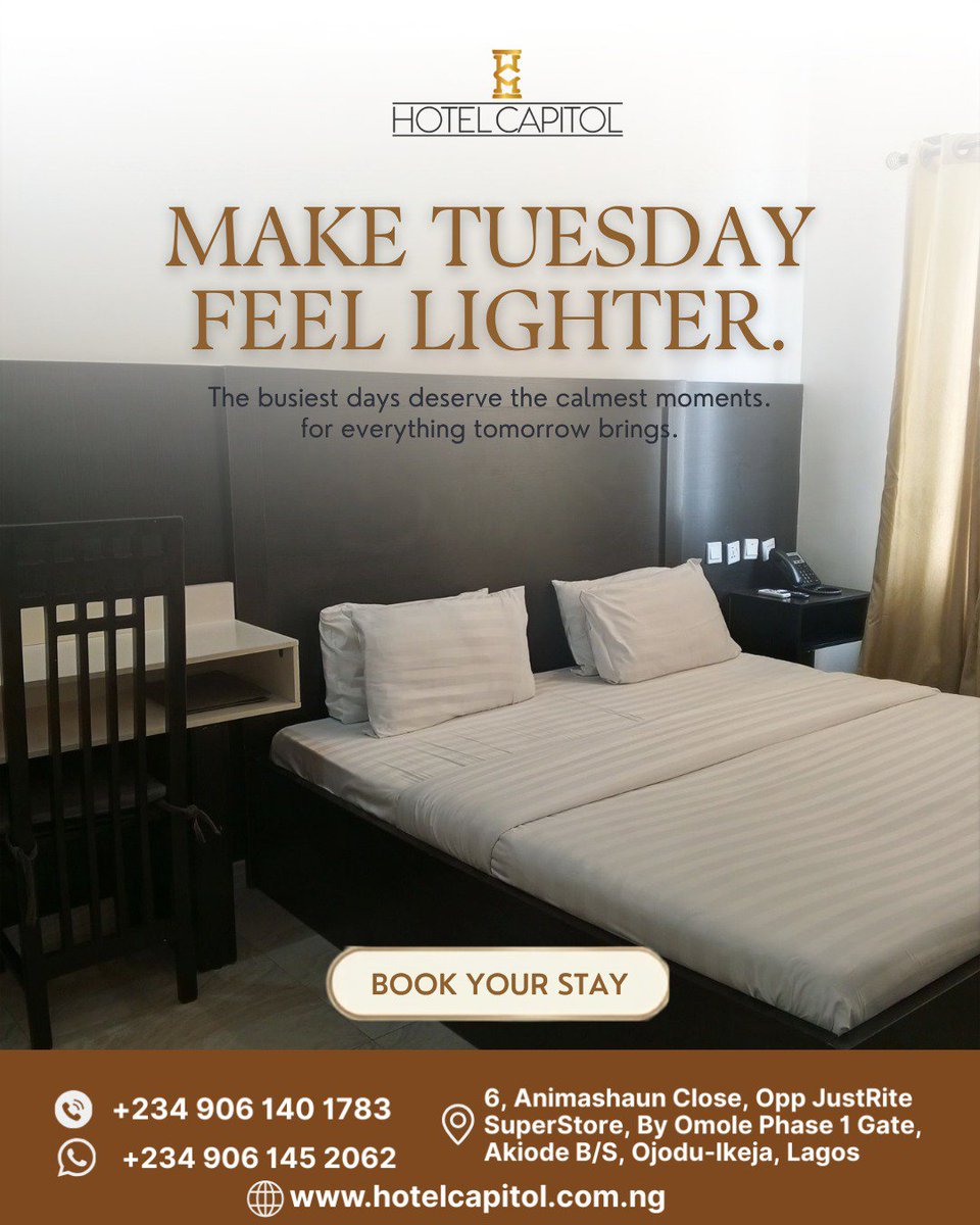 hotelcapitolnig's tweet photo. Tuesday is a great day to choose comfort, convenience, and exceptional hospitality. ✨

Whether you're in town for business or leisure, let us make every moment of your stay worthwhile.

FOR RESERVATIONS
Call/WhatsApp: 09061452062
#HotelCapitol #TuesdayVibes #LuxuryStay #Premium https://t.co/oG6hE2178X
