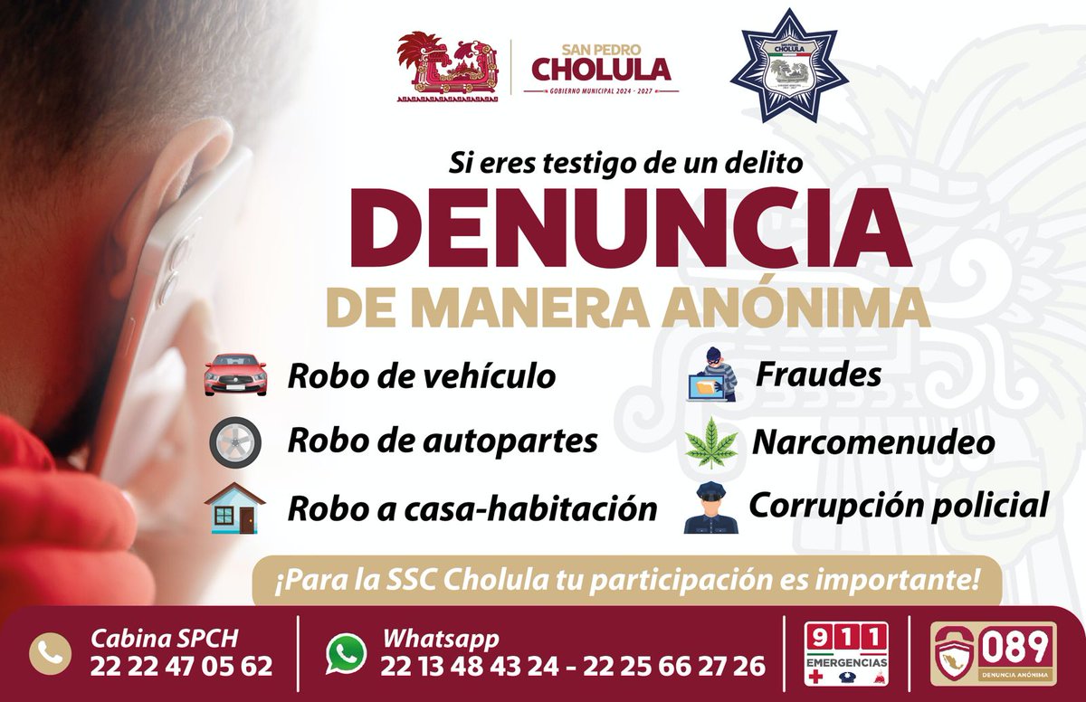 SSC_Cholula's tweet photo. 😟¿Eres testigo de un delito y no sabes qué hacer?

📞🗣️Denuncia de manera anónima a nuestros números de emergencia, tu información nos permitirá seguir combatiendo a la delincuencia.

Para la 👮‍♂️👮‍♀️policía de San Pedro Cholula tu voz es importante.

🚫No seas cómplice de un delito https://t.co/wRlplahbVw