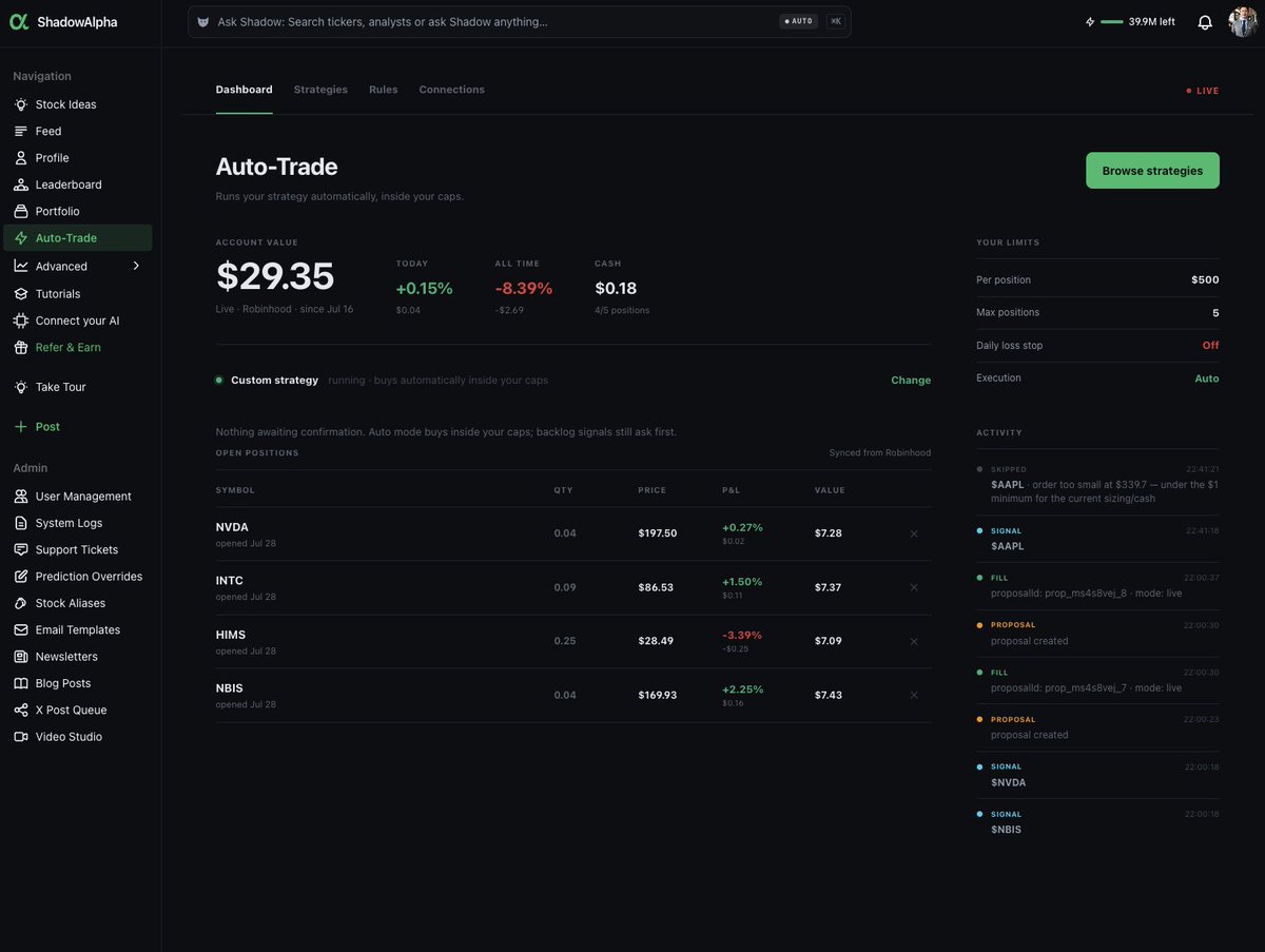 alexjtrades's tweet photo. The @shadowalpha_ai Auto-trading bot in my test account purchased a few new stocks today. $NVDA, $INTC, $NBIS and $HIMS. Some decent gains on some of them so far.

I'm still beta testing this, but the results are extremely promising. https://t.co/ds4bdgqBhS