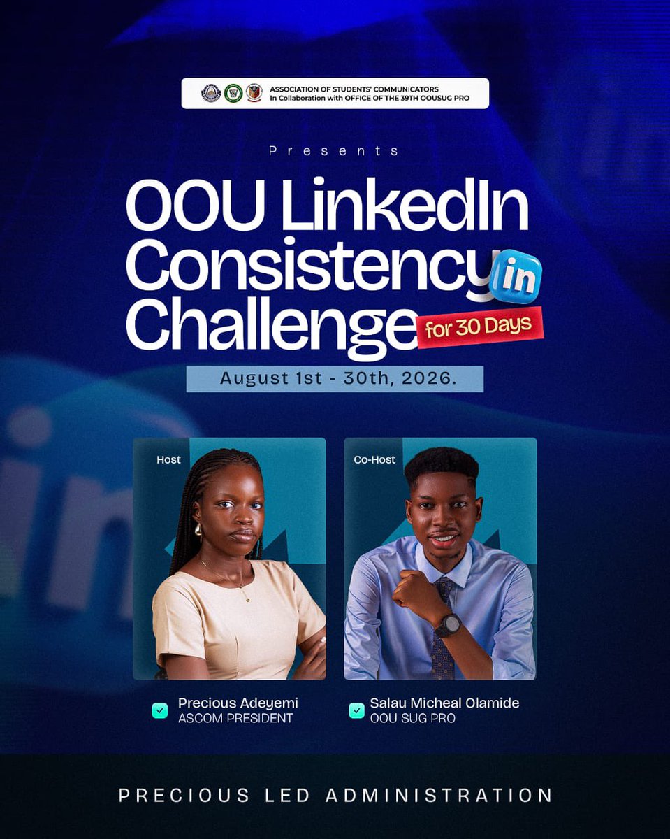 Olam1de_michael's tweet photo. OOUITES, let’s build our LinkedIn presence together. 🚀

From Aug. 1–30, join the #OOULinkedInChallenge as we grow our profiles, expand our networks, and become future ready.

Build your LinkedIn profile, grow your network, and position yourself for future opportunities. https://t.co/SfVTdnX1Bi