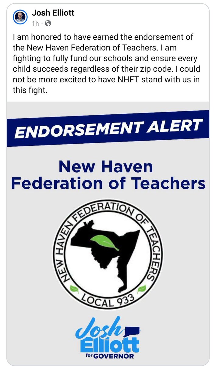 DFANewHaven's tweet photo. Josh Elliott endorsed by New Haven Federation of Teachers... #ctgov #ctgov2026 #nhvpoli https://t.co/PWmCr52pis