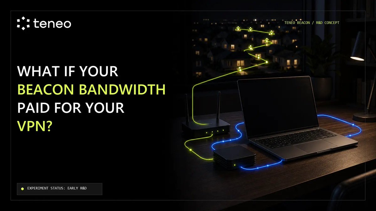 teneo_protocol's tweet photo. What if your Beacon bandwidth paid for your VPN?

Right now, Beacon nodes share unused residential bandwidth with the network. 

That bandwidth already looks a lot like what a VPN needs: real connections, in real places, all over the world.

So we're asking ourselves: instead of paying for a VPN with a monthly bill, could you pay for it with the bandwidth you're already contributing?

Still very early. Nothing to download, no launch date. 

We wanted to share it while we're building it, not after.

Full writeup: https://t.co/HdI0OTXacf