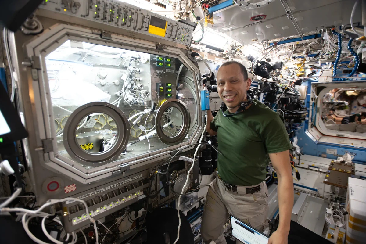 NASA astronaut and Expedition 74 flight engineer Chris Williams shows off the Destiny laboratory module’s Microgravity Science Glovebox aboard the International Space Station. Williams was supporting semiconductor crystal research to help advance the commercial space economy and promote Earth-based industries.
NASA/Chris Williams
