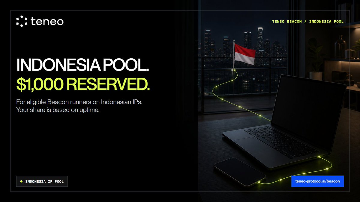 teneo_protocol's tweet photo. Season Update: Indonesia Pool 🇮🇩

$1,000 USDC from this season's reward pool is reserved exclusively for Beacon runners on Indonesian IPs.

Your share is based on uptime, so the more consistently your Beacon runs, the bigger your cut. 

Eligibility is tied to genuine connections in Indonesia.

Full mechanics drop this week. 

If you're in Indonesia, get your Beacon running now.

Need to download the Beacon? 

Get it running in 2 minutes: https://t.co/YY4D4tiE8r