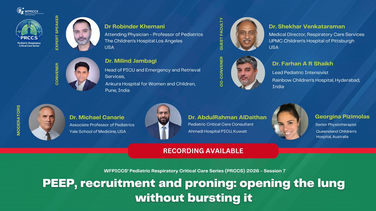 WFPICCS's tweet photo. 🎥 Now available on-demand!

Watch Session 7 of the #WFPICCS Pediatric Respiratory Critical Care Series with Dr. Robinder Khemani &amp; Dr. Shekhar Venkatraman. 

Topics:
🫁 PEEP
🫁 Recruitment
🫁 Proning
🫁 Pediatric ARDS

🎬 https://t.co/sGMQZU0Gvv

#PedsICU #PediatricCriticalCare https://t.co/nNrcy6800r