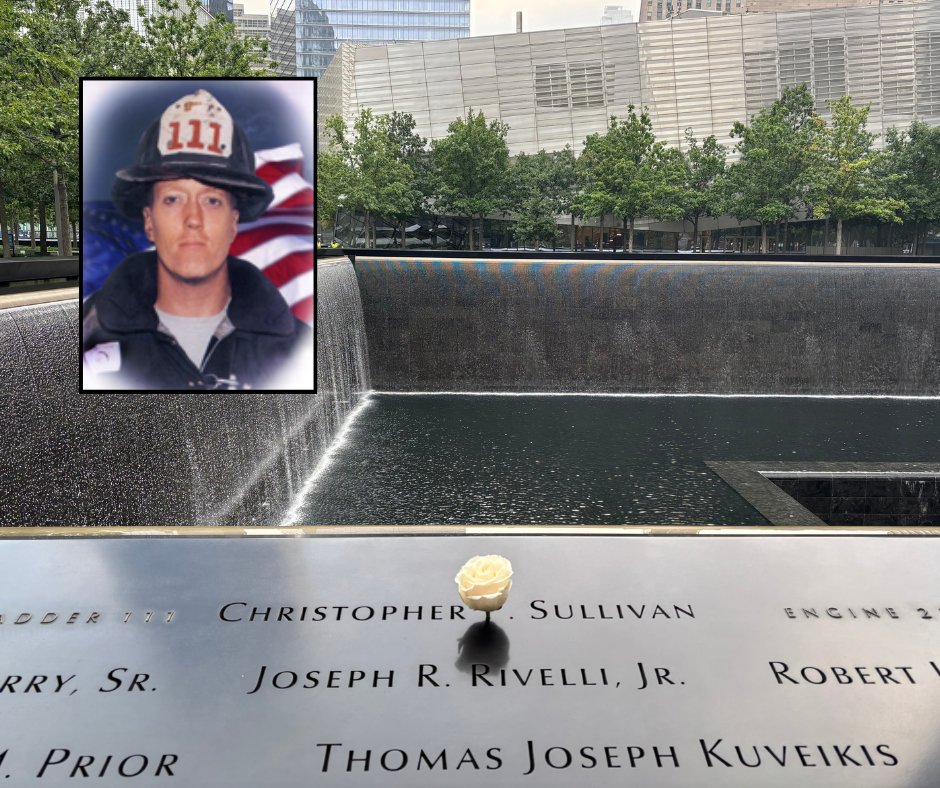 Sept11Memorial's tweet photo. Manhattan native Christopher Sullivan lived in North Massapequa, Long Island, with his wife, Dolores, and their two young sons. In his free time, Sullivan enjoyed fishing for snapper off Fire Island and camping in New England with his family. On 9/11, Lieutenant Sullivan, a member of FDNY Ladder Company 111, responded to the World Trade Center. He was 39 years old. Today we placed a white rose at his name on the #911Memorial to mark his 64th birthday. #NeverForget911