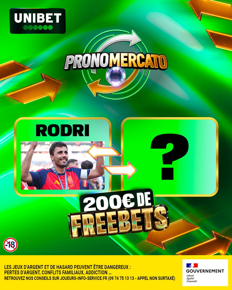 UnibetFrance's tweet photo. ⚪️ Le Real ou pas ? On lâche 10 x 20€ de Freebets si tu trouves où jouera Rodri la saison prochaine !

👉 RT/Follow + #PronoMercato + ta réponse
⏳ Fin du jeu mercredi à 12h. https://t.co/BBN5yd4JnG