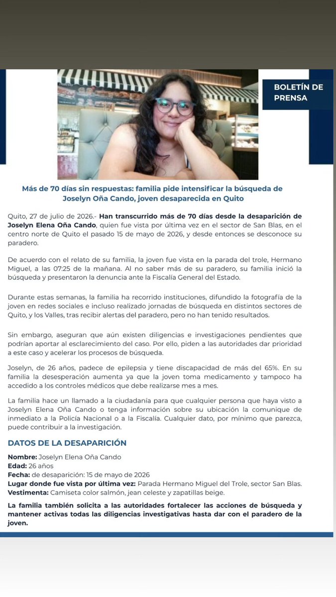 RomadaPau's tweet photo. Setenta días. Más de dos meses enteros donde el reloj del tiempo se detuvo para una familia, mientras el mundo sigue girando como si nada hubiera pasado.
 
@DanielNoboaOk @PoliciaEcuador https://t.co/vhAgKRYkL0