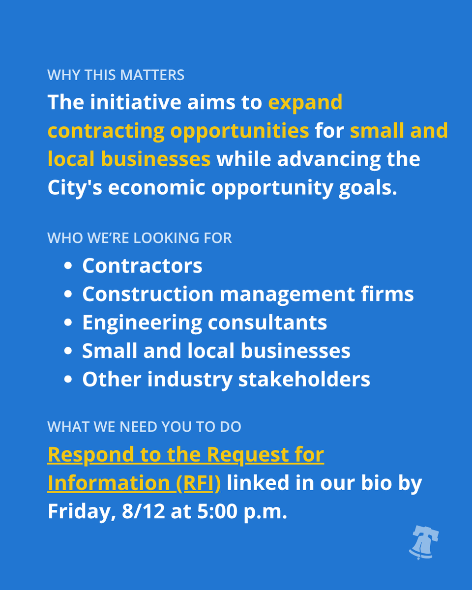 PhillyOTIS's tweet photo. We're looking for input to help guide the S.M.A.R.T Contracts Initiative. This will inform how we structure the public works contracting process, with the goal of expanding contracting opportunities for small and local businesses. https://t.co/IpibECgH1l