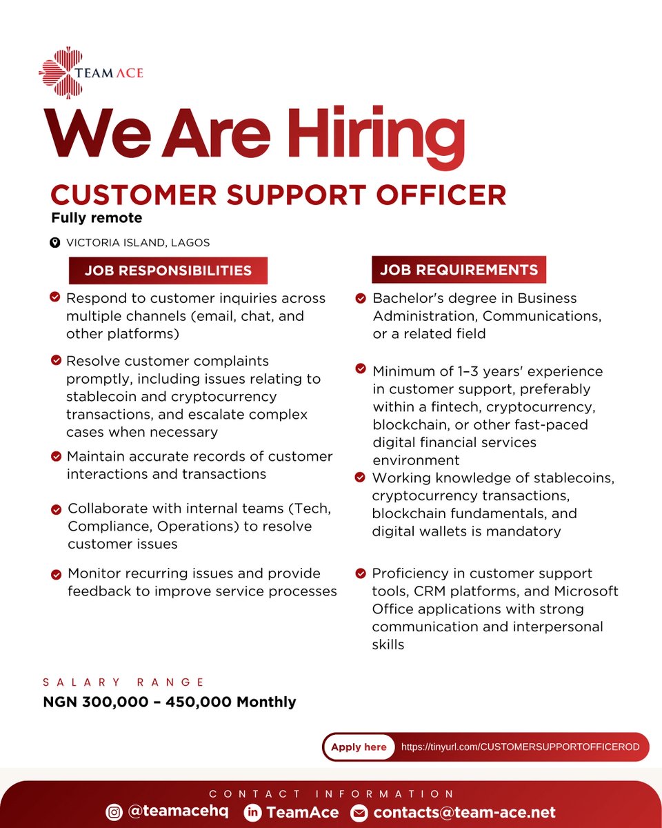 TeamAce_HQ's tweet photo. We Are Hiring! 
See post for details..

Qualified and Interested? Apply using the link 👇🏾

https://t.co/yCWhX2G3tz

#teamace #hiring https://t.co/jrDB41ROrY