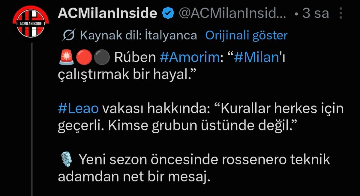 yescontextfb's tweet photo. 🚨 3 saat önce Milan Teknik Direktörü Amorim basın toplantısında: 

“Leao buranın oyuncusu. Kimse bu takımdan üstün değil herkes görevini yapmalı!”

🚨1 saat önce Rafael Leao:

“Asla hissetmediğim bir şeyi yapmayacağım!” https://t.co/QRmIe2pLWL
