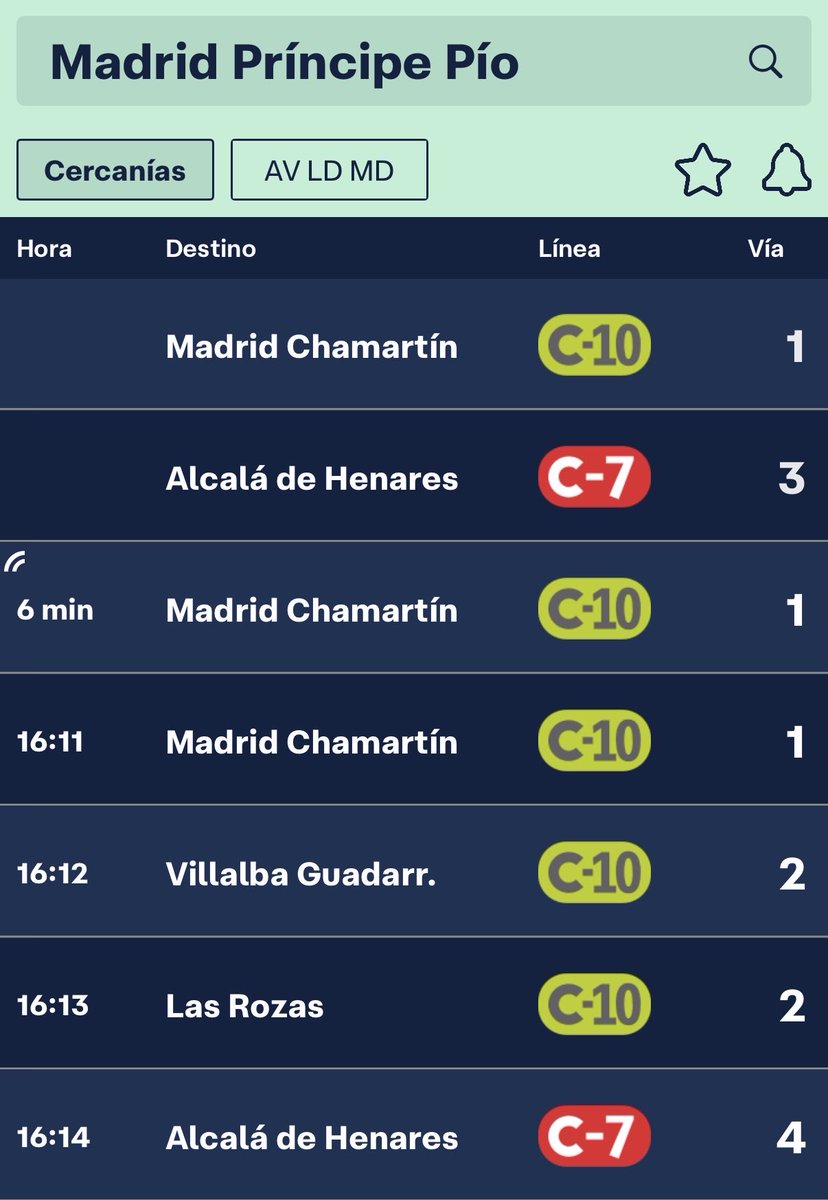 Mertrece's tweet photo. @CercaniasMadrid ¿donde se supone que está el tren Príncipe-Pio destino Chamartín anunciado en 1’ en la app de Adif? Ahora se indican 5’ https://t.co/b2wPo9S90Q