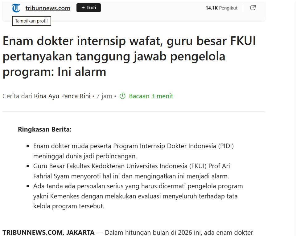 Hidupsebagai62's tweet photo. Guru besar FK UI terkait 6 dokter peserta Program Internsip Dokter Indonesia (PIDI) yang meninggal dunia :

• Dalam 6 bulan terakhir (Februari–Juli 2026), 6 dokter peserta Program Internsip Dokter Indonesia (PIDI) meninggal dunia.
•Menyebut kejadian ini sebagai "alarm" yang menunjukkan ada persoalan serius dalam pelaksanaan program internsip.
• Menegaskan PIDI berada di bawah tanggung jawab Kementerian Kesehatan (Kemenkes), sehingga perlu dilakukan evaluasi menyeluruh terhadap tata kelola program.
• Survei peserta internsip mengungkap sejumlah masalah, seperti:

-Beban kerja tinggi (banyak bekerja >40 jam/minggu).
-Kelelahan (burnout).
-Bantuan biaya hidup dinilai belum memadai.
-Beban kerja dinilai setara atau bahkan lebih berat dari dokter definitif.

• Meminta Kemenkes membentuk tim investigasi independen untuk mengusut enam kasus kematian sekaligus mengaudit sistem internsip.
• Mengusulkan perbaikan aturan jam kerja, perlindungan peserta, mekanisme pengaduan yang aman, serta evaluasi besaran bantuan biaya hidup.

Daftar 6 dokter internsip yang meninggal (Feb–Jul 2026)

• dr. Kartika Ayu Permatasari
🗓️ 25 Februari 2026
📍 RS Bina Bhakti Husada, Rembang

• dr. Edgar Bezaliel Hartanto
🗓️ 17 Maret 2026
📍 RS Bhayangkara, Denpasar

• dr. Andito Muhammad Wibisono
🗓️ 26 Maret 2026
📍 RSUD Pagelaran, Cianjur

• dr. Myta Aprilia Azmy
🗓️ 1 Mei 2026
📍 RSUD KH Daud Arif, Kuala Tungkal, Jambi

• dr. Muhammad Zulfikar Drakel, M.Res.
🗓️ 21 Juli 2026
📍 RSUD Sukadana, Lampung Timur (ditemukan meninggal di tempat kos saat menjalani internsip)

• dr. Siti Zahra Maghfira
🗓️ 26 Juli 2026
📍 Bertugas di Cisalak, Depok
Meninggal setelah diduga jatuh dari apartemen di Kalibata, Jakarta Selatan; kasus masih dalam penyelidikan polisi.