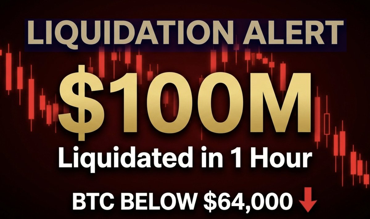 bitforgenews's tweet photo. $100 million liquidated in one hour. Bitcoin just broke back below $64,000 — the third time this week — as South Korea's KOSPI cratered 8% on a U.S. semiconductor selloff. Crypto's trading like a high-beta tech stock right now. #Bitcoin #Crypto https://t.co/SXJF1VWREu