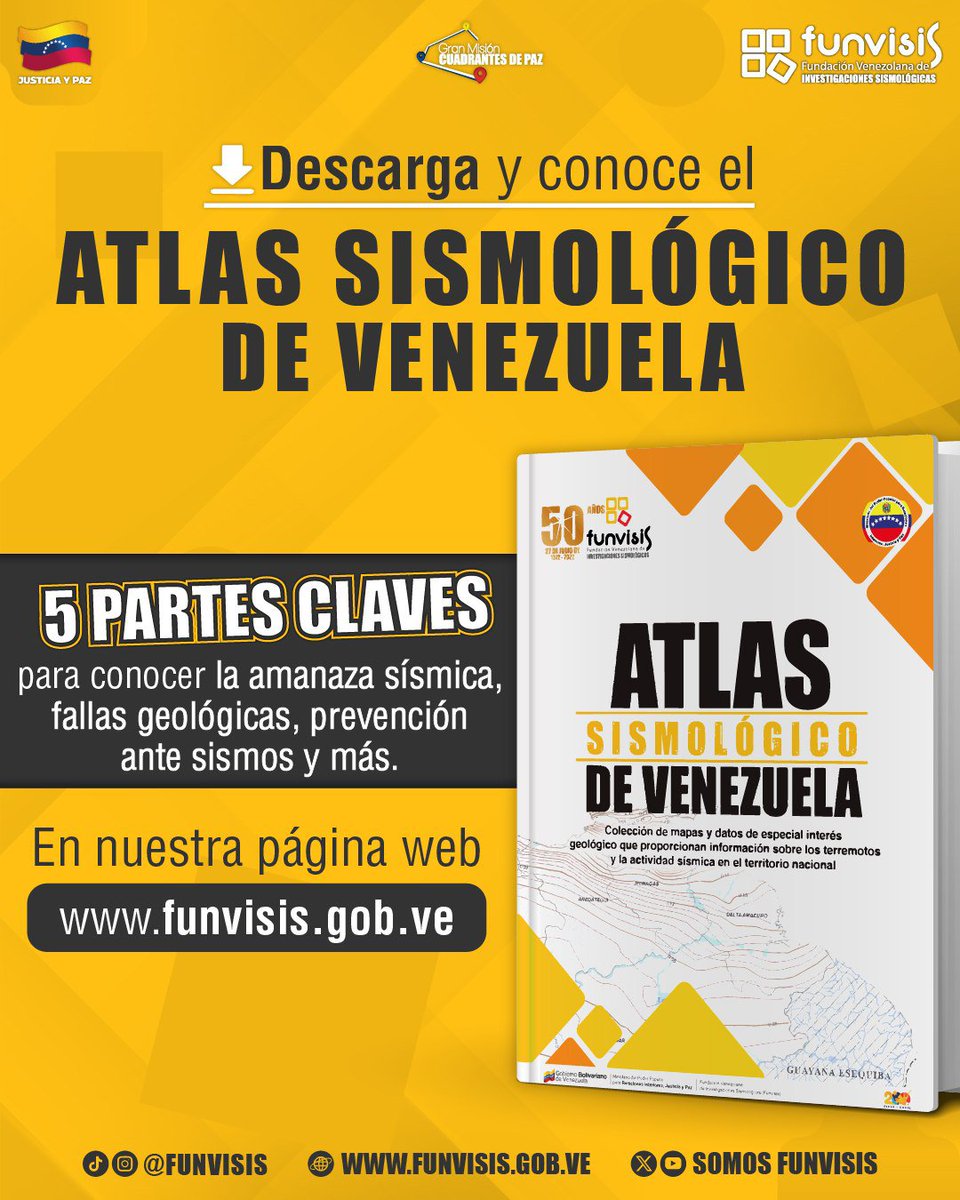 SomosFunvisis's tweet photo. El Atlas Sismológico de Venezuela funciona como una herramienta clave para entender las amenazas geológicas y sísmicas en nuestro país. 
 
Descárgalo en 👉 https://t.co/hK44TuWG8C, haz clic en la flecha ubicada en la parte superior derecha. https://t.co/yk3FHMB3so