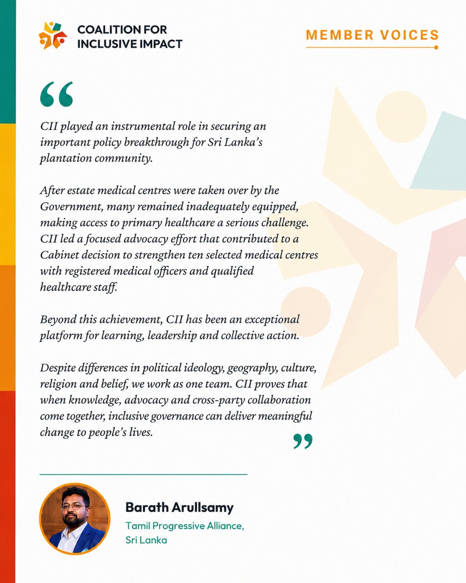 ciisrilanka's tweet photo. When collaboration delivers real change.
“CII played an instrumental role in securing a key policy breakthrough for Sri Lanka’s plantation community… Despite our differences, we work as one team.” — Barath Arullsamy Tamil Progressive Alliance
#CII #InclusiveGovernance https://t.co/9m0n3dHOlO