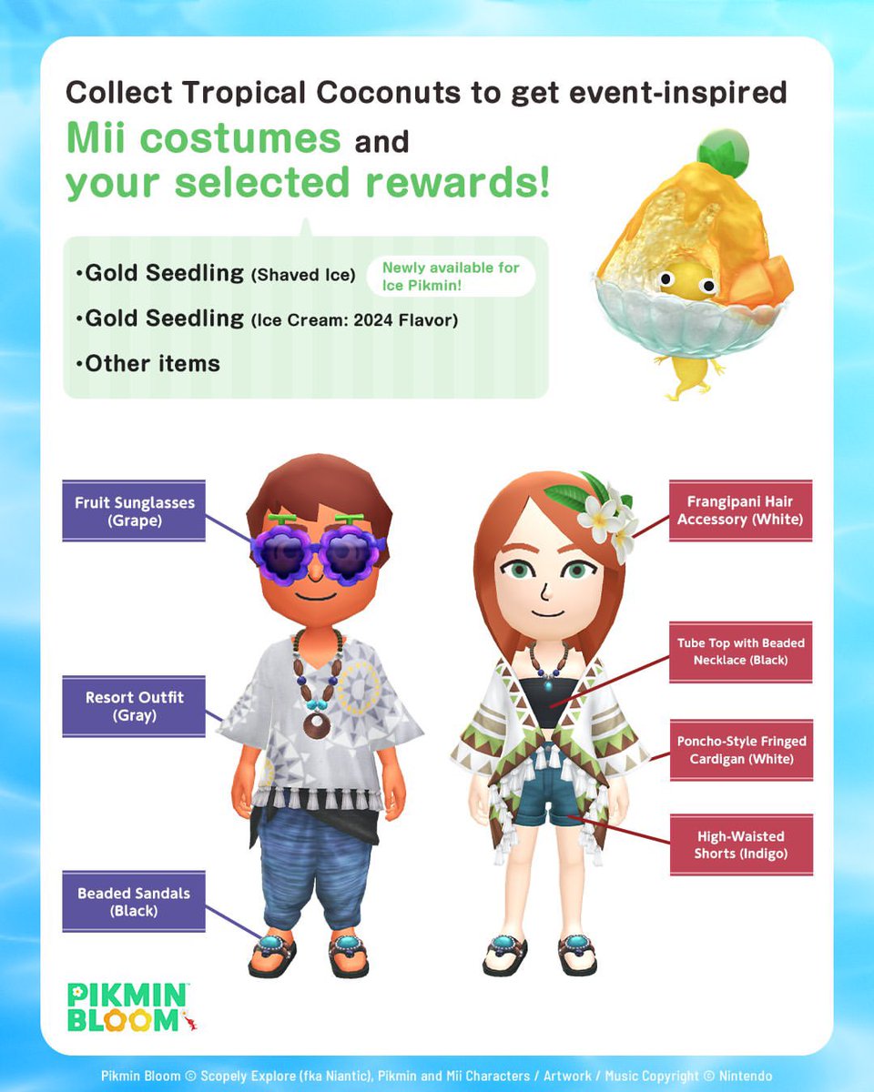 PikminInformer's tweet photo. Balinese Carving Decor Pikmin are here! 🐱

Pikmin Bloom's Summer Vacation Event begins this Sunday! During the event, destroy Seafoam Mushrooms to collect Tropical Coconuts and earn new summer-themed items. 🥥 https://t.co/OOlgPrdtra