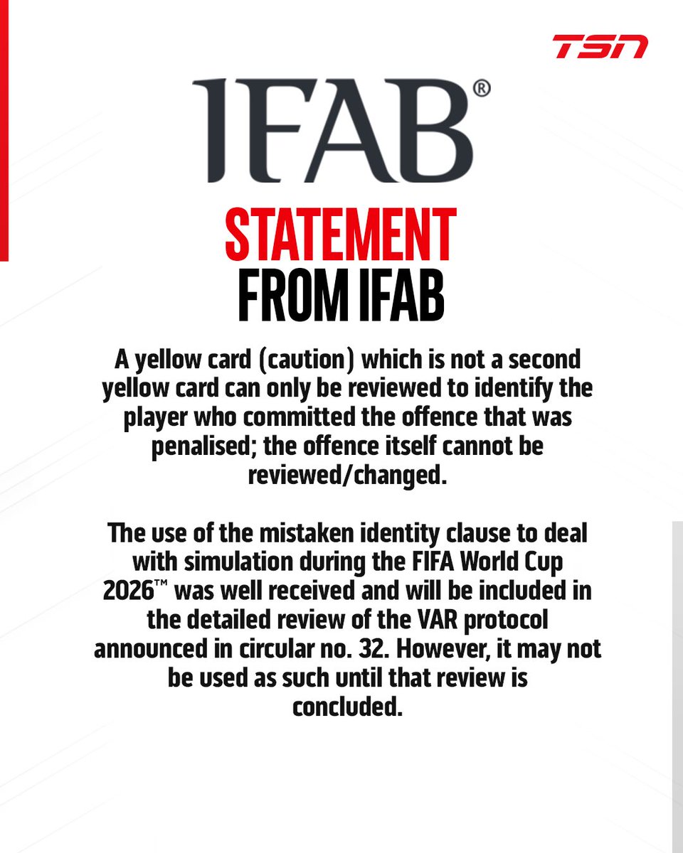 TSN_Sports's tweet photo. The International Football Association Board -- a global group in charge of changing the official rules of soccer -- have determined that Breel Embolo being sent off for simulation was a misuse of VAR during the Argentina vs. Switzerland knockout game. 

#FIFAWorldCup https://t.co/DxUgGIeUNI