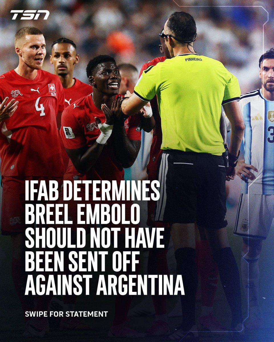 TSN_Sports's tweet photo. The International Football Association Board -- a global group in charge of changing the official rules of soccer -- have determined that Breel Embolo being sent off for simulation was a misuse of VAR during the Argentina vs. Switzerland knockout game. 

#FIFAWorldCup https://t.co/DxUgGIeUNI