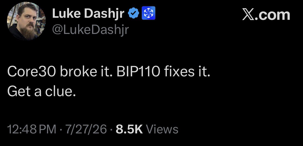 bitcoinguideapp's tweet photo. @asanoha_gold Did Core30 change consensus rules?   If not, there’s no consensus change for BIP110 to “fix.” https://t.co/Z2Ufo0TfN0