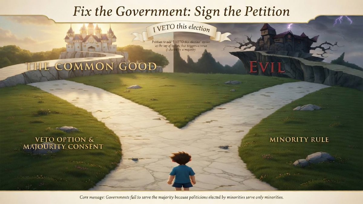 VetoCampaign's tweet photo. The Problem:
Governments fail to serve the majority because politicians elected by minorities serve only minorities. 

The Solution:
Put an option at the top of ballots that states "I VETO this election" that triggers a rerun if chosen by a majority.

Be a part of the solution.